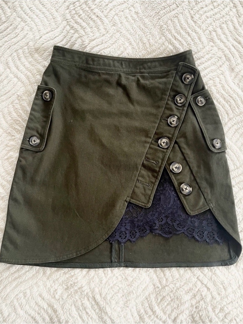 Self-Portrait Olive Button-Front Mini Wrap Skirt With Blue Lace Insert GUC Size
